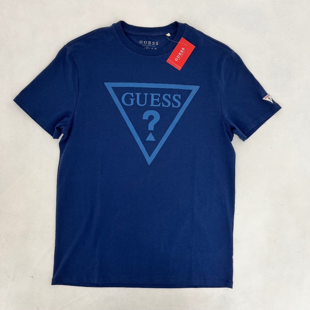 Guess Mens Size M T-Shirt SLK Blue Triangle Logo Crew Neck Short Sleeve NWT